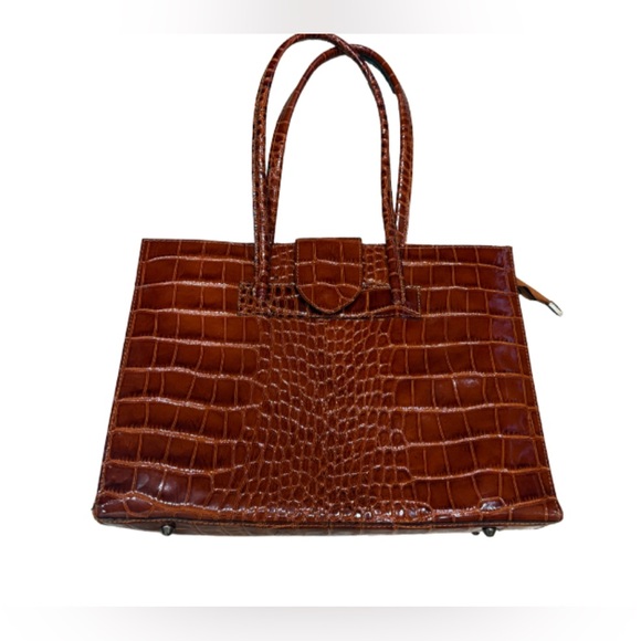 New Borse in Pelle Large Italian Leather Tote Double Straps Flat Bottom Cognac - Picture 1 of 9